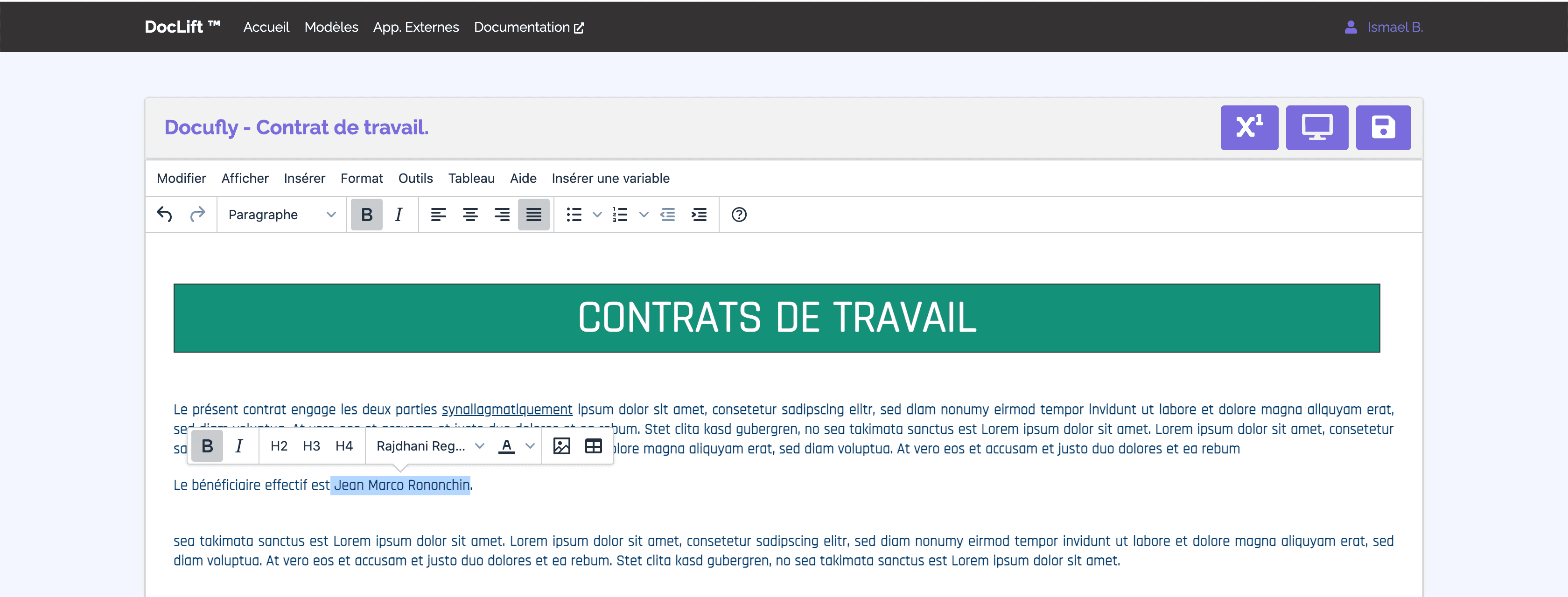 Montre un aperçu de l'éditeur de modèles de PDF de Doclift