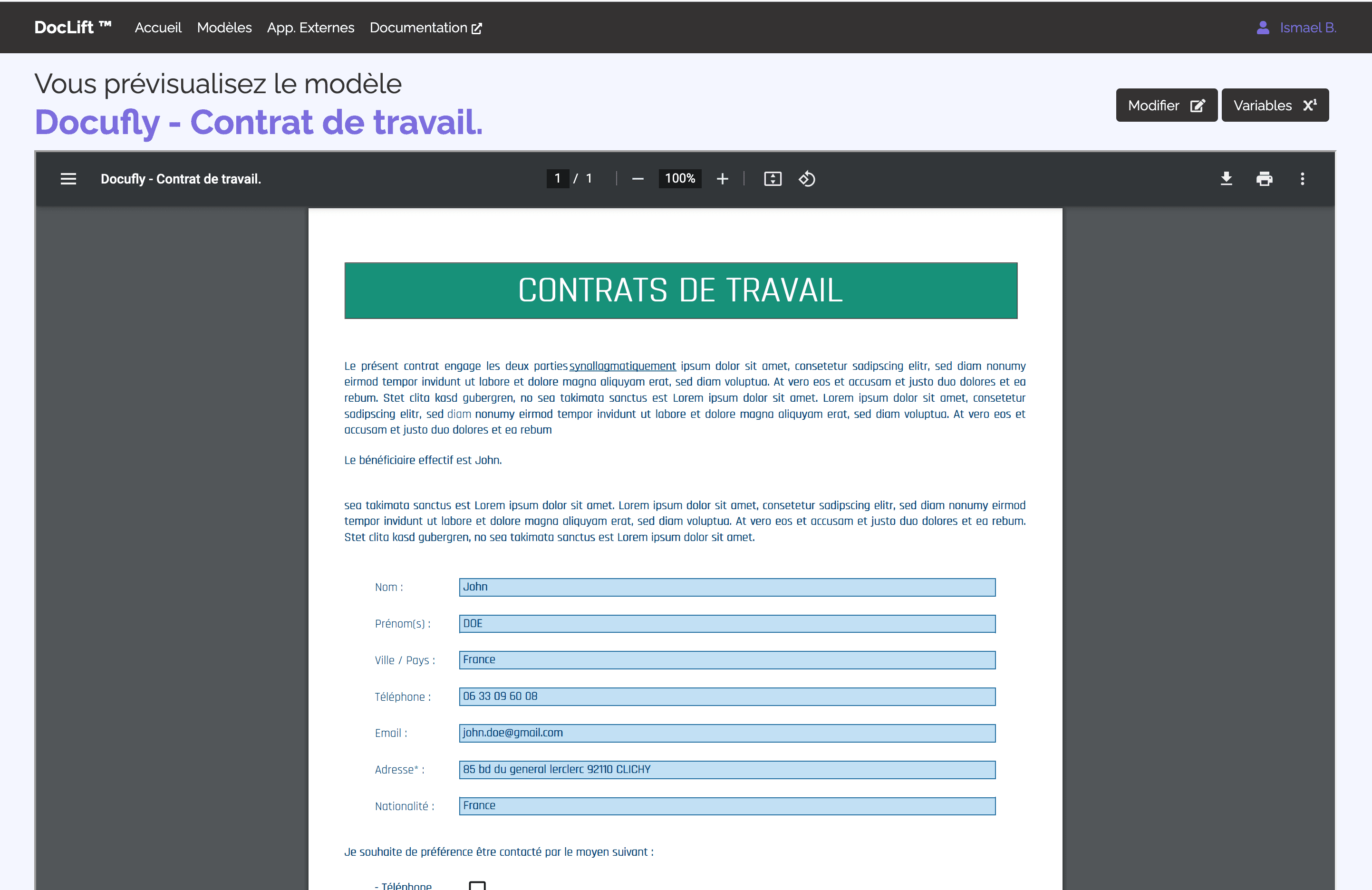 Prévisualisation du rendu d'un modèle de PDF sur Doclift