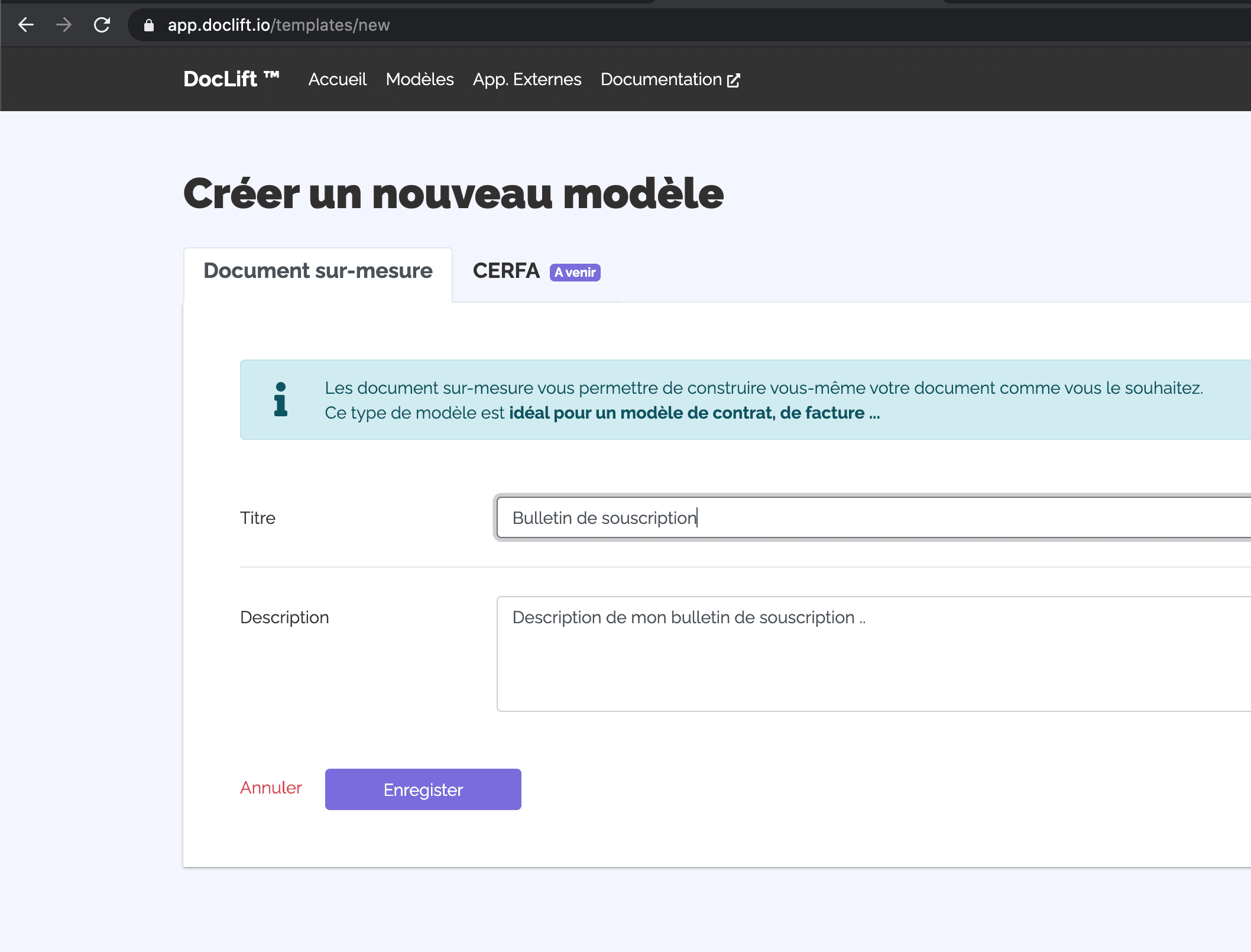 Formulaire de création d'un modèle de PDF sur Doclift.io